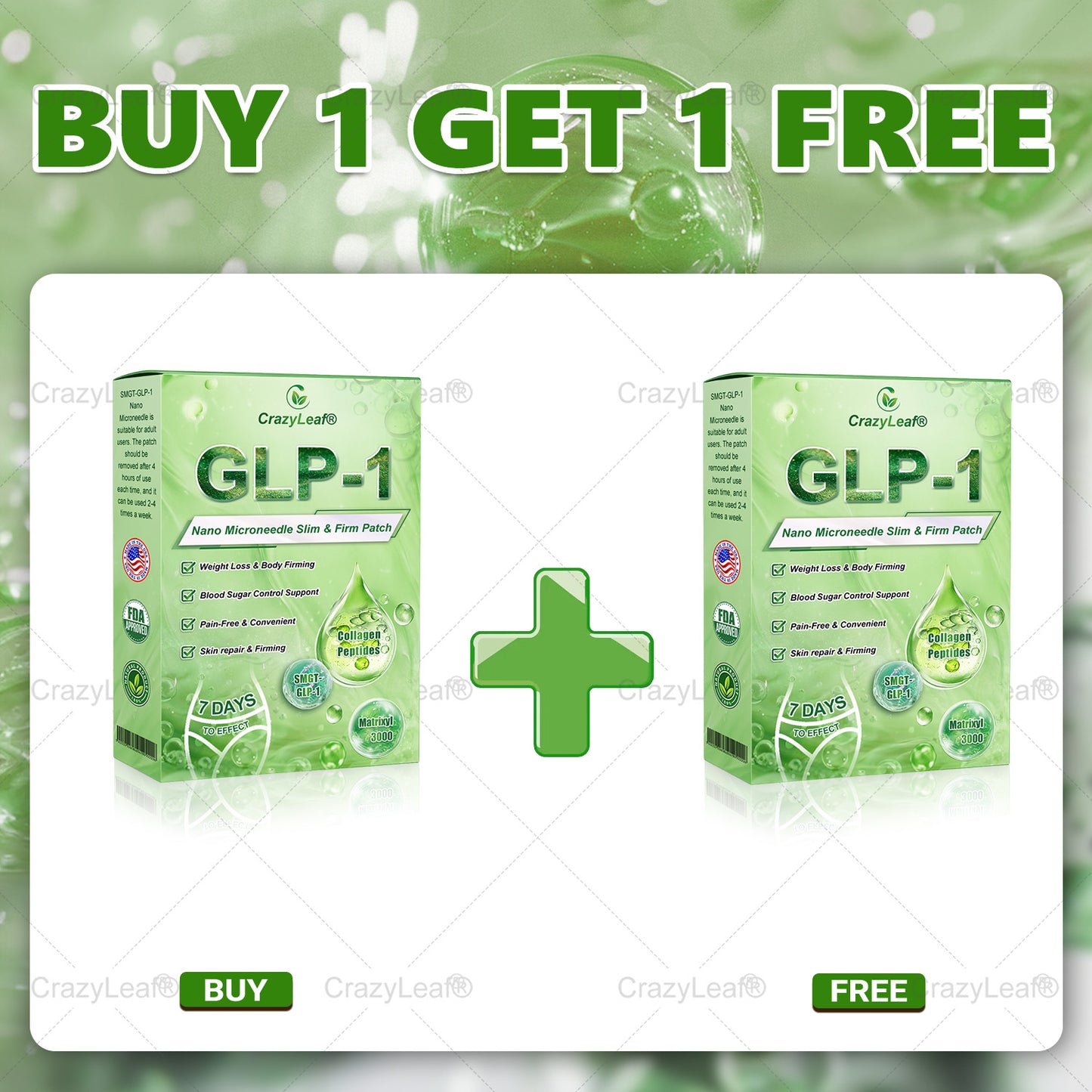 CrazyLeaf® SMGT-GLP-1 Nano Microneedle Patch with Collagen & Matrixyl 3000丨Targets Obesity, Loose Skin, High Blood Pressure, Diabetes, Fatty Liver, Joint Pain, Brain Fog, Low Energy, Body Aches, and More
