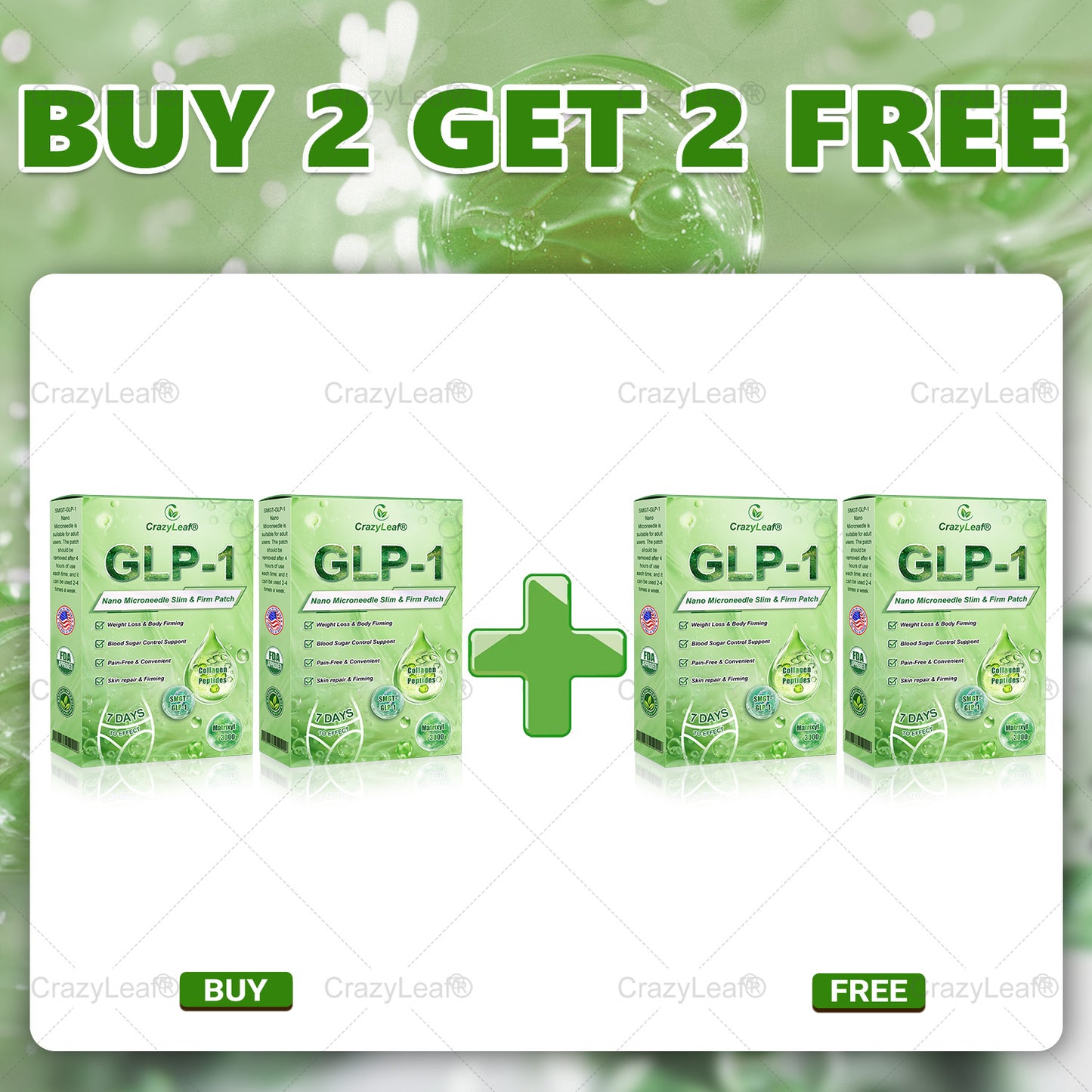 CrazyLeaf® SMGT-GLP-1 Nano Microneedle Patch with Collagen & Matrixyl 3000丨Targets Obesity, Loose Skin, High Blood Pressure, Diabetes, Fatty Liver, Joint Pain, Brain Fog, Low Energy, Body Aches, and More