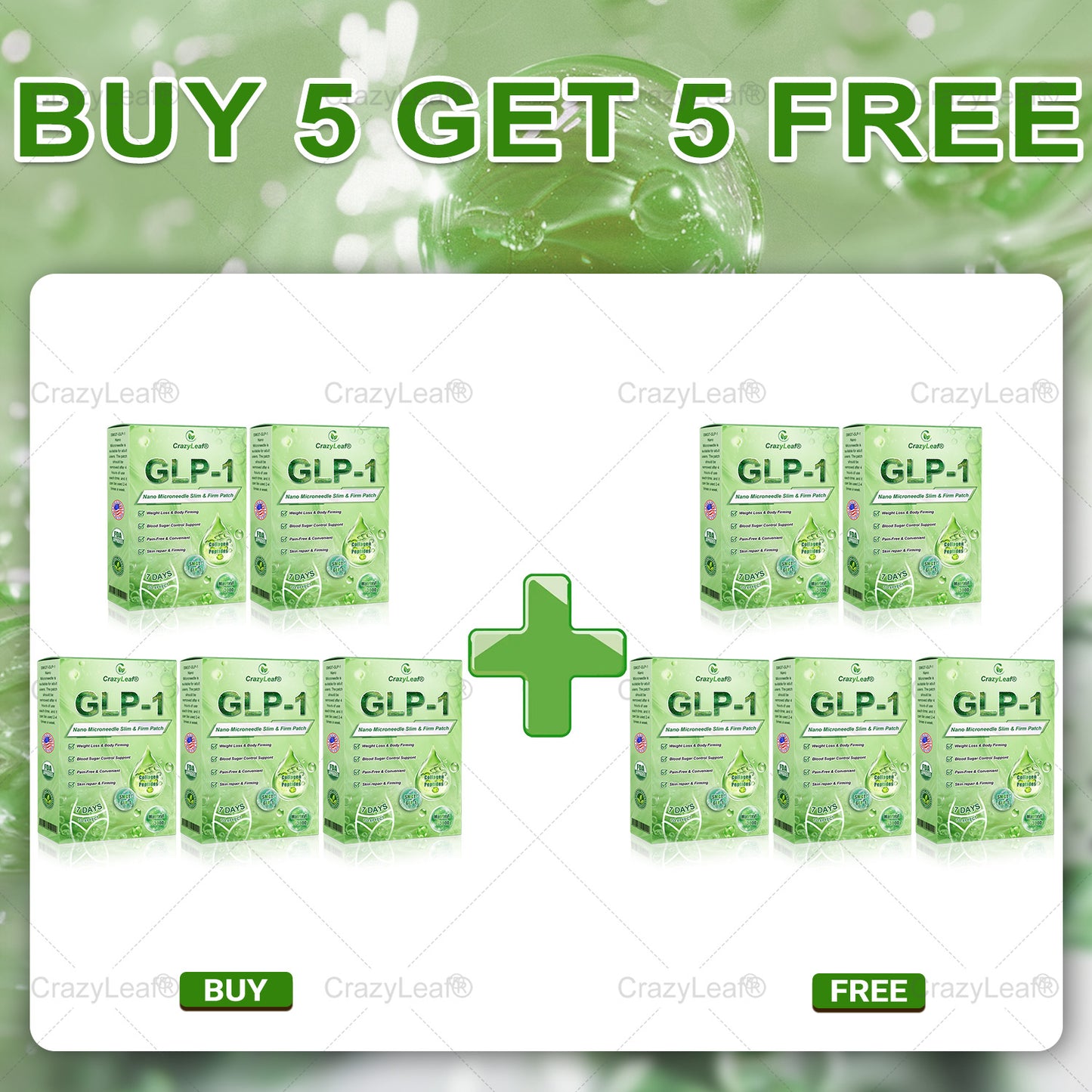 CrazyLeaf® SMGT-GLP-1 Nano Microneedle Patch with Collagen & Matrixyl 3000丨Targets Obesity, Loose Skin, High Blood Pressure, Diabetes, Fatty Liver, Joint Pain, Brain Fog, Low Energy, Body Aches, and More